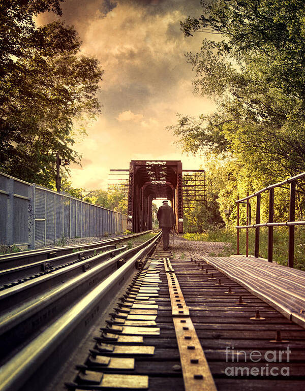 Alone Art Print featuring the photograph Elderly man walking on train tracks by Sandra Cunningham