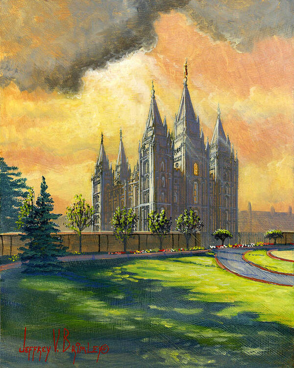 Salt Lake Temple Art Print featuring the painting Evening Splendor by Jeff Brimley