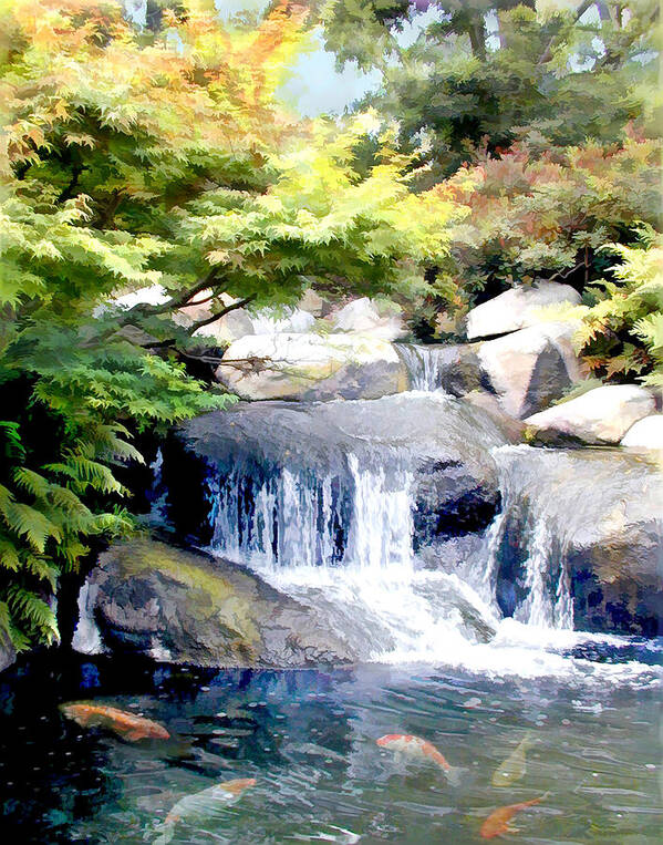 Japanese Garden Art Print featuring the painting Garden Waterfall with Koi Pond by Elaine Plesser