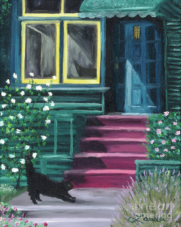 Cat Art Print featuring the painting House with a Blue Door by Laura Iverson