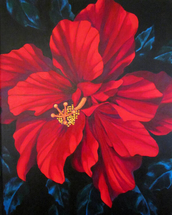 Red Multiple Petaled Hibiscus Flower. Art Print featuring the painting Kwan Yin by Kyra Belan