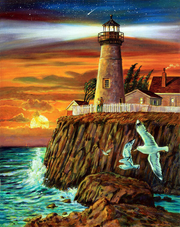 Lighthouse Art Print featuring the painting Lighthouse Sunset by John Lautermilch