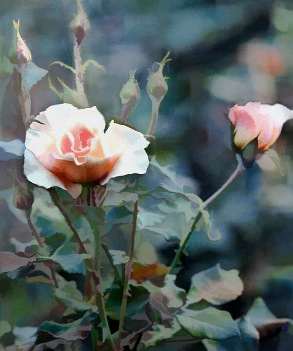 Flower Flowers Garden Rose Rose+bush Roses Pink Rose+bushes Flora Floral Nature Natural Art Print featuring the painting Pink Rose Bush by Elaine Plesser