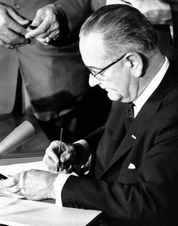 History Art Print featuring the photograph President Lyndon Johnson Signing by Everett