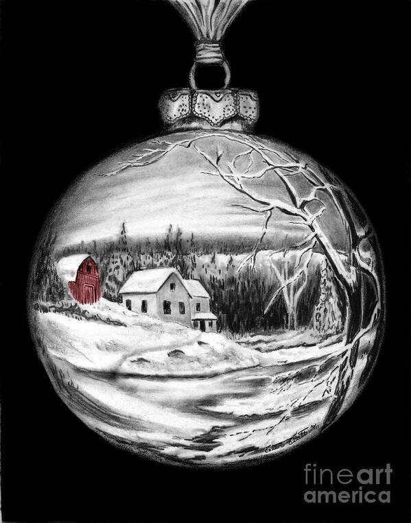 Red Barn Art Print featuring the drawing Red Barn Winter Scene Ornament by Peter Piatt
