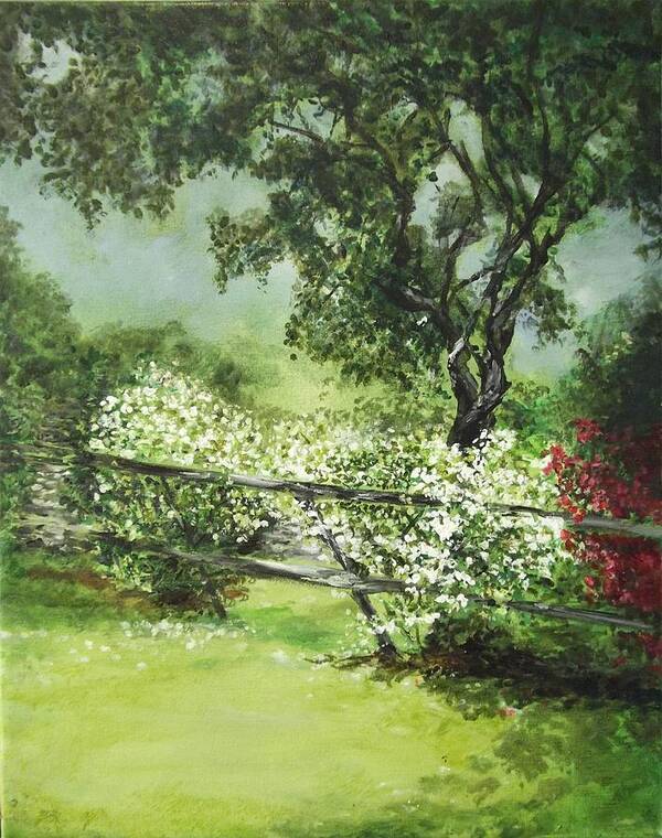 Trees Art Print featuring the painting Rickety Old Fence by Lizzy Forrester