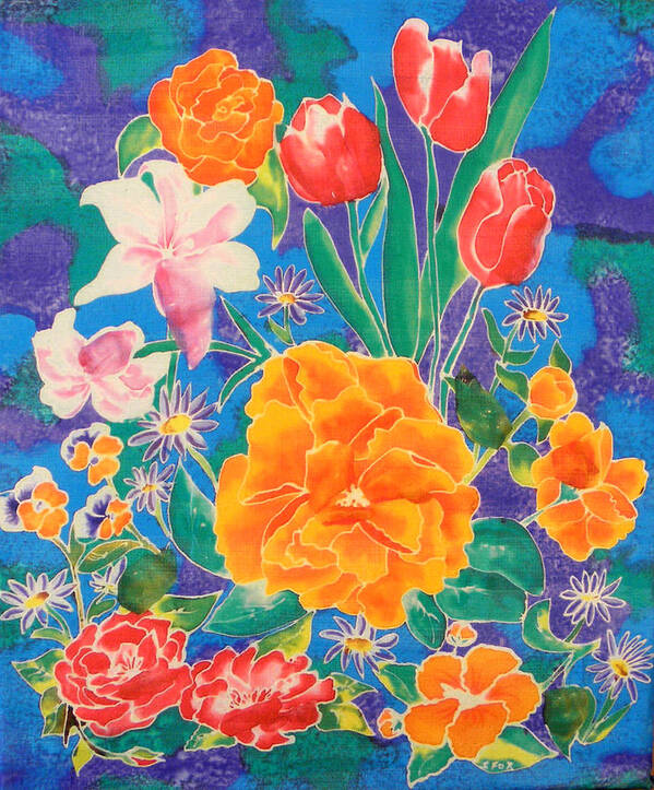 Silk Painting Art Print featuring the painting Silk Blooming Flowers by Sandra Fox