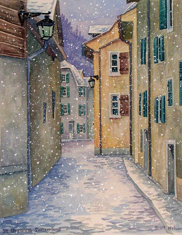 Switzerland Art Print featuring the painting St Ursanne in Snow by Scott Nelson