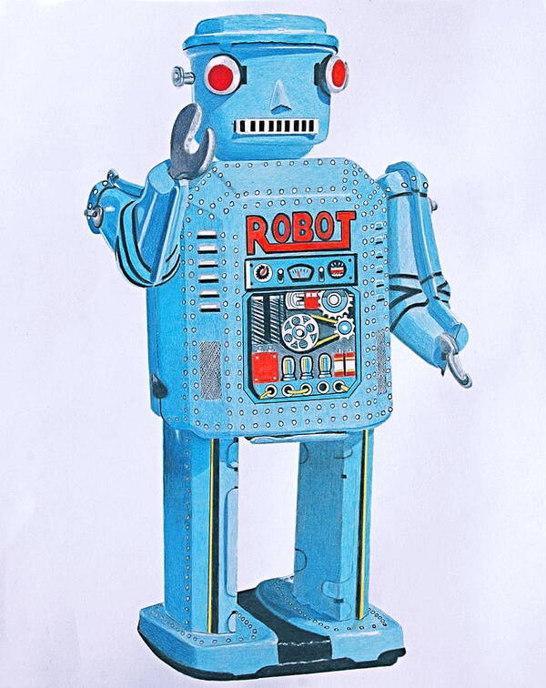 Robot Art Print featuring the drawing Wind-up Robot by Glenda Zuckerman