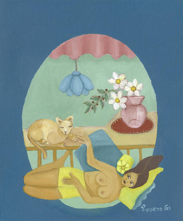 Yellow Sunbath With Brown Cat Art Print featuring the painting Yellow Sunbath with brown cat by Rachel Hershkovitz