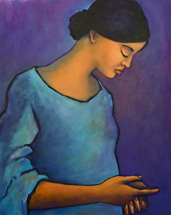 Portrait Art Print featuring the painting Young Mexican Girl in Blue by Susan Santiago