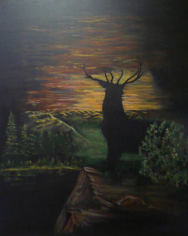 Deer Art Print featuring the painting Bucks Last Light by Monika Shepherdson