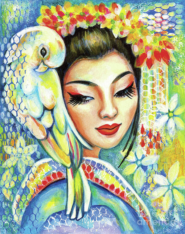 Woman And Parrot Art Print featuring the painting Harmony by Eva Campbell