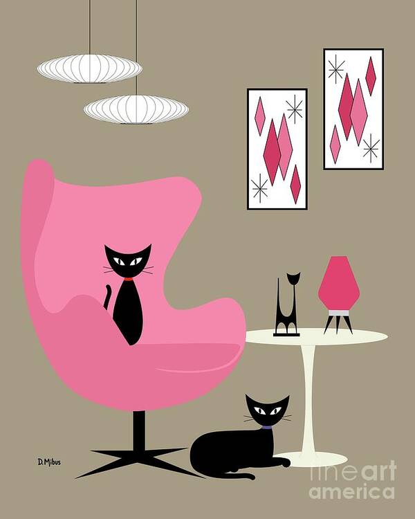  Art Print featuring the digital art Pink Egg Chair with Two Cats by Donna Mibus