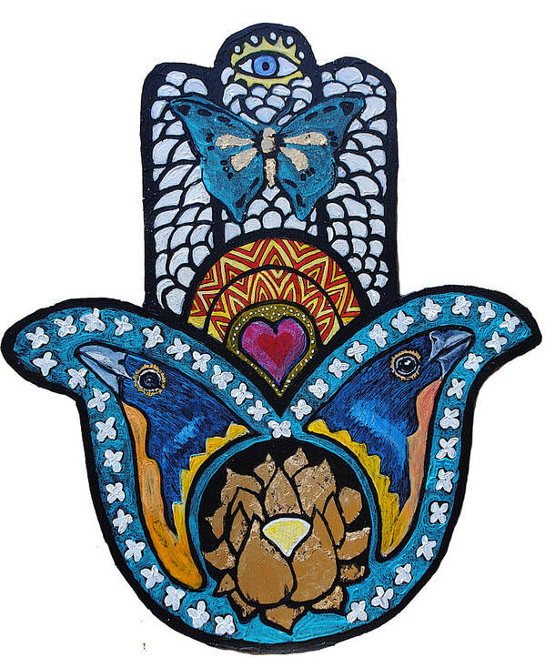 Hamsa Art Print featuring the painting The Blue Bunting Hamsa by Patricia Arroyo