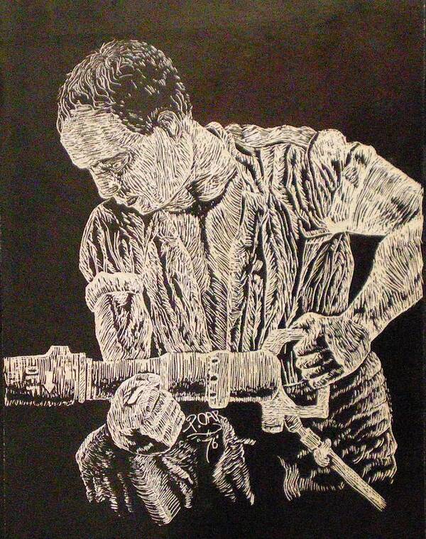 Scratch-board Art Print featuring the drawing Working Man #1 by Tammera Malicki-Wong