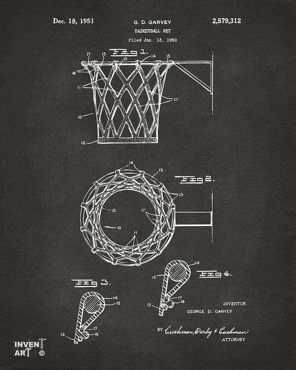 Basketball Art Print featuring the digital art 1951 Basketball Net Patent Artwork - Gray by Nikki Marie Smith