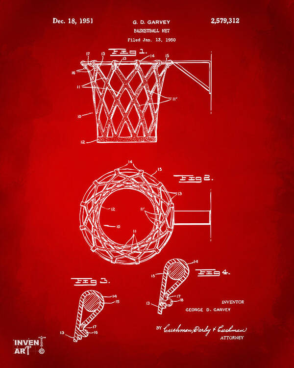 Basketball Art Print featuring the digital art 1951 Basketball Net Patent Artwork - Red by Nikki Marie Smith