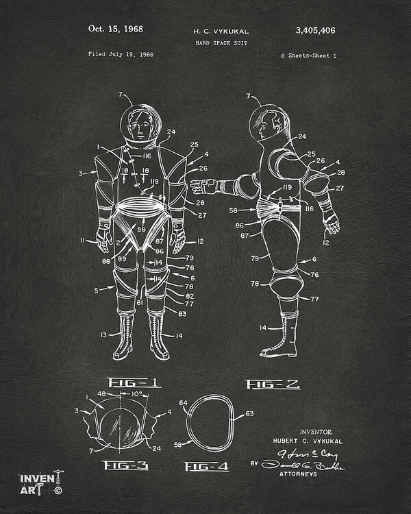 Space Suit Art Print featuring the digital art 1968 Hard Space Suit Patent Artwork - Gray by Nikki Marie Smith