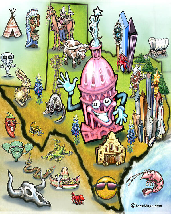 Austin Art Print featuring the digital art Austin Texas Cartoon Map by Kevin Middleton