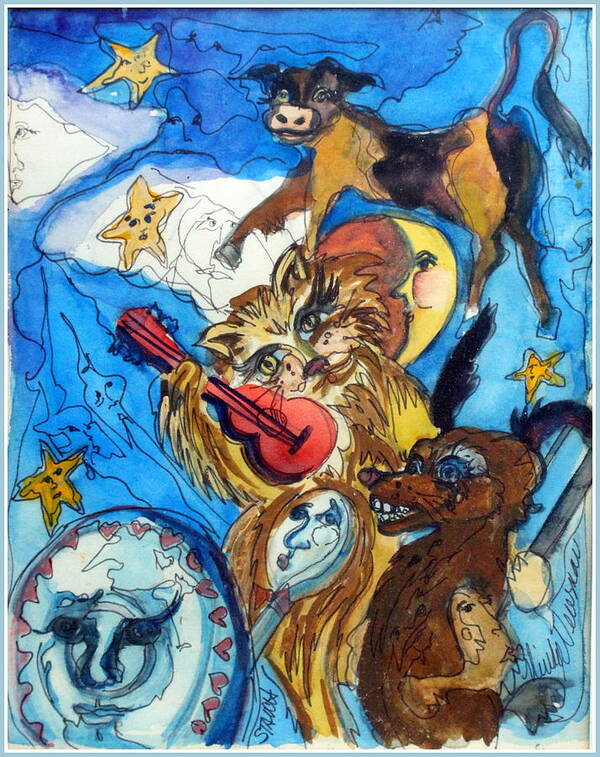 Hickery Dickory Dock Art Print featuring the painting A Cat and A Fiddle by Mindy Newman