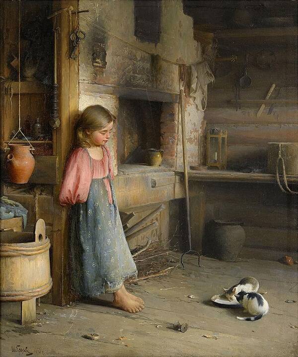 Ivan Lavrentievich Gorokhov Russia 1863-1934 A Girl With Kittens Art Print featuring the painting A girl with kittens by MotionAge Designs