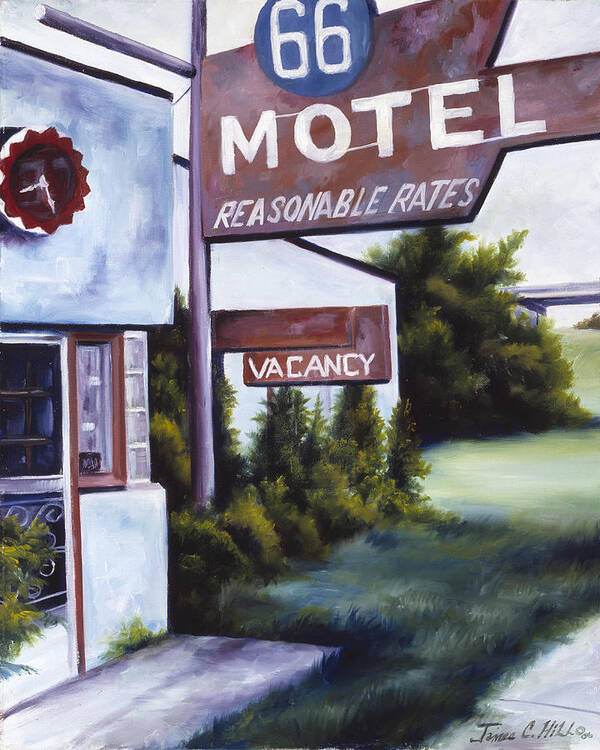 Motel; Route 66; Desert; Abandoned; Delapidated; Lost; Highway; Route 66; Road; Vacancy; Run-down; Building; Old Signage; Nastalgia; Vintage; James Christopher Hill; Jameshillgallery.com; Foliage; Sky; Realism; Oils Art Print featuring the painting A Road Less Traveled by James Hill