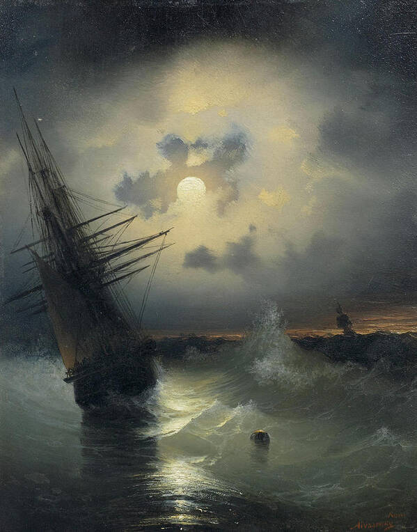 Ivan Konstantinovich Aivazovsky (1817 Feodosia 1900) A Sailing Ship On A High Sea By Moonlight Art Print featuring the painting A sailing ship on a high sea by moonlight by MotionAge Designs