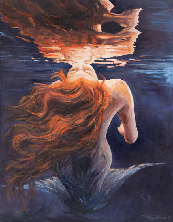 Mermaid Art Print featuring the painting A trick of the light - love is illusion by Marco Busoni