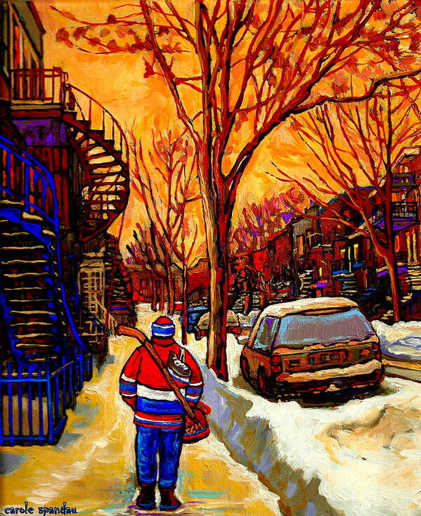 Montreal Art Print featuring the painting After The Hockey Game A Winter Walk At Sundown Montreal City Scene Painting By Carole Spandau by Carole Spandau