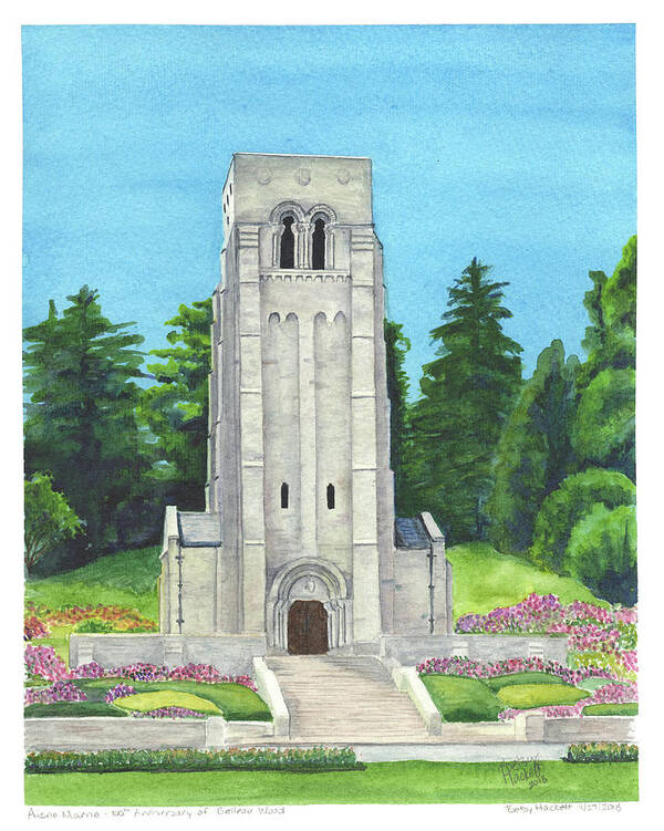 Aisne Marne French France Usmc Belleau Wood Cemetery American Cemetary Betsy Hackett 100th Anniversary One Hundredth One Hundred Anniversary 1918 Memorial Day Picardi Picarde Devil Dogs Dog Hand Painted Watercolor Elizabeth Art Print featuring the painting Aisne-Marne American Cemetery by Betsy Hackett