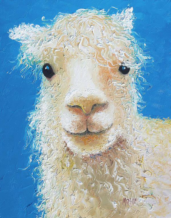 Alpaca Art Print featuring the painting Alpaca on blue background by Jan Matson