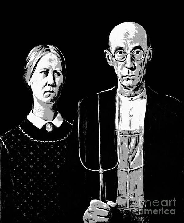Tee Art Print featuring the digital art American Gothic Graphic Grant Wood Black White tee by Edward Fielding