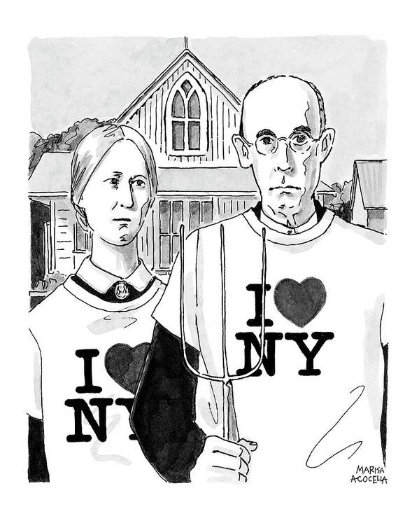 Grant Wood's American Gothic Figures Wearing I Love New York Tee Shirts. Refers To The Terrorist Attack On The World Trade Center Art Print featuring the drawing American Gothic by Marisa Acocella Marchetto