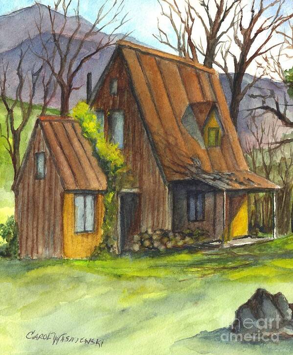 Mountains Art Print featuring the painting An Appalacian Cabin Called Home by Carol Wisniewski