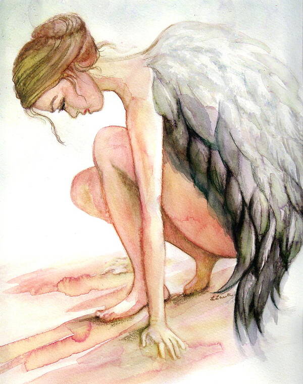 Angel Art Print featuring the drawing Angel Bowed by L Lauter