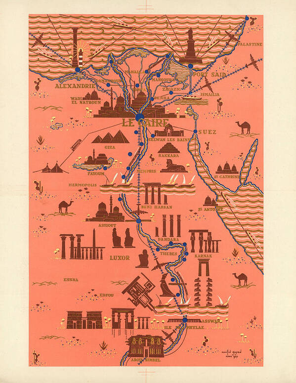 Egypt Art Print featuring the mixed media Antique Illustrated Map of Egypt _ Monuments around River Nile - Cairo, Luxor, Abu Simbel by Studio Grafiikka