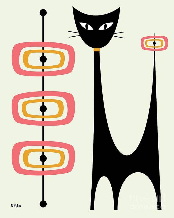 Mid Century Modern Art Print featuring the digital art Atomic Cat Orbs Pink and Gold on Cream by Donna Mibus