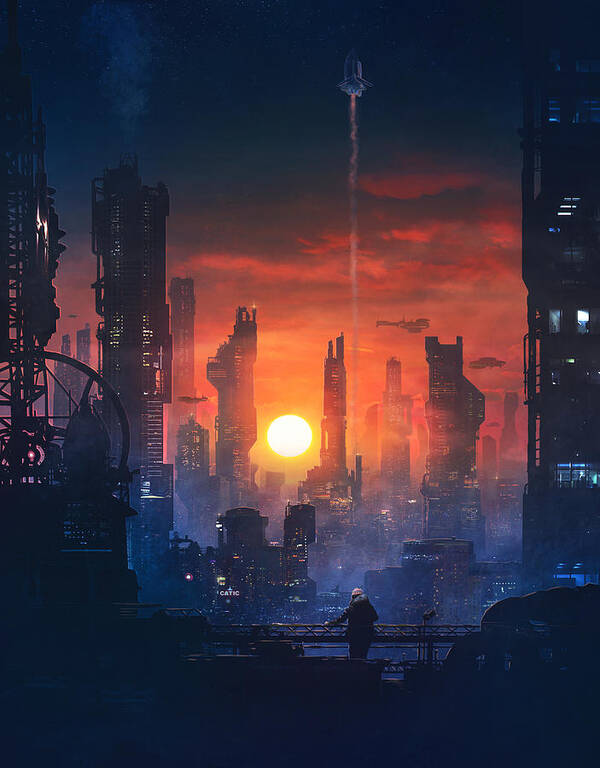 Scifi Art Print featuring the painting Barcelona Smoke and Neons The End by Guillem H Pongiluppi