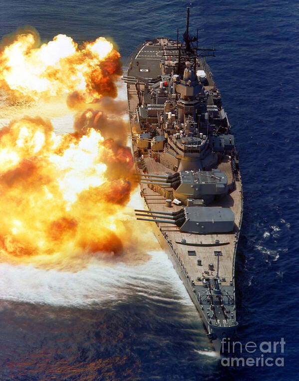 Vertical Art Print featuring the photograph Battleship Uss Iowa Firing Its Mark 7 by Stocktrek Images