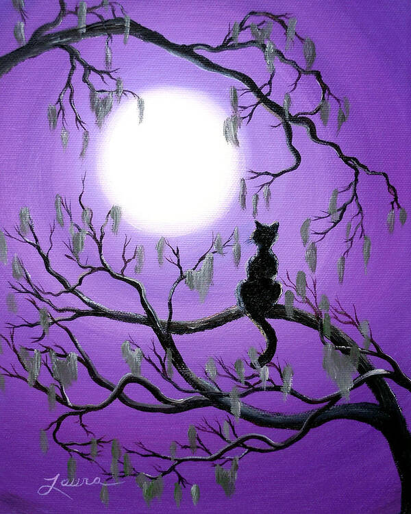 Painting Art Print featuring the painting Black Cat in Mossy Tree by Laura Iverson