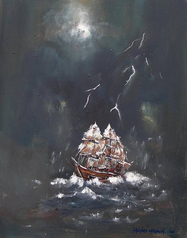 Black Storm Ship Canvas Wave Night Sea Ocean Thunderstorm Seascape Painting Print Moon Light Lightning Danger Boat Sail Water Shore Sailing Element Nautical Navigate Sail Cloth Art Print featuring the painting Black Storm by Miroslaw Chelchowski