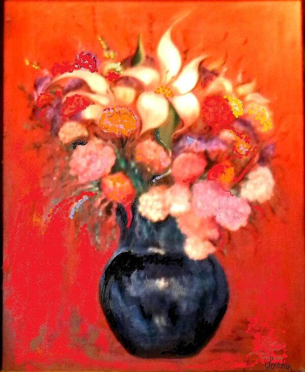 Red Flowers Art Print featuring the painting Black Vase Floral by Jordan