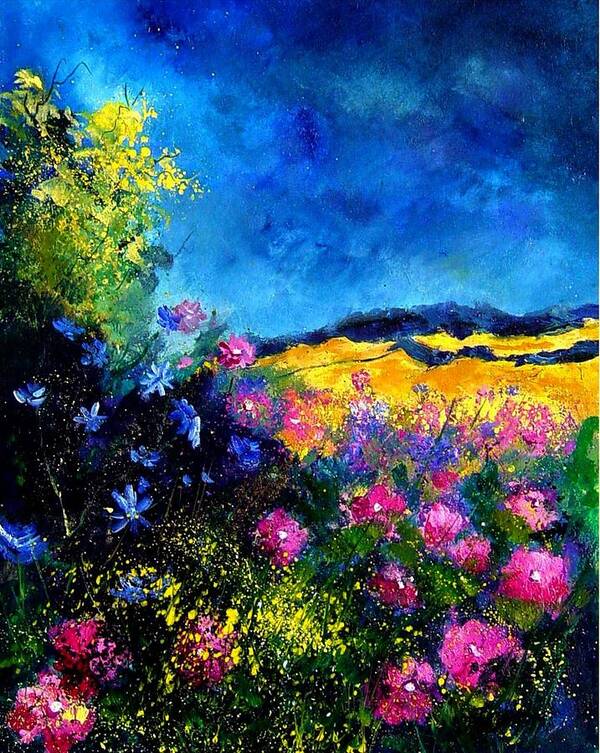 Landscape Art Print featuring the painting Blue and pink flowers by Pol Ledent