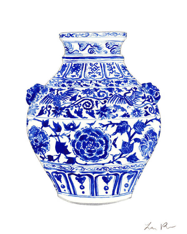 Blue And White China Art Print featuring the painting Blue and White Ginger Jar Chinoiserie 4 by Laura Row