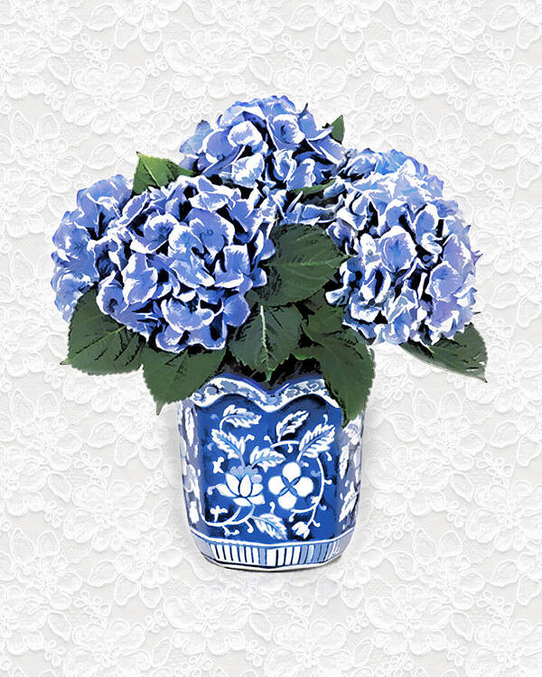 Flower Art Print featuring the painting Blue Hydrangeas in Victorian Vase White Lace Background by Elaine Plesser