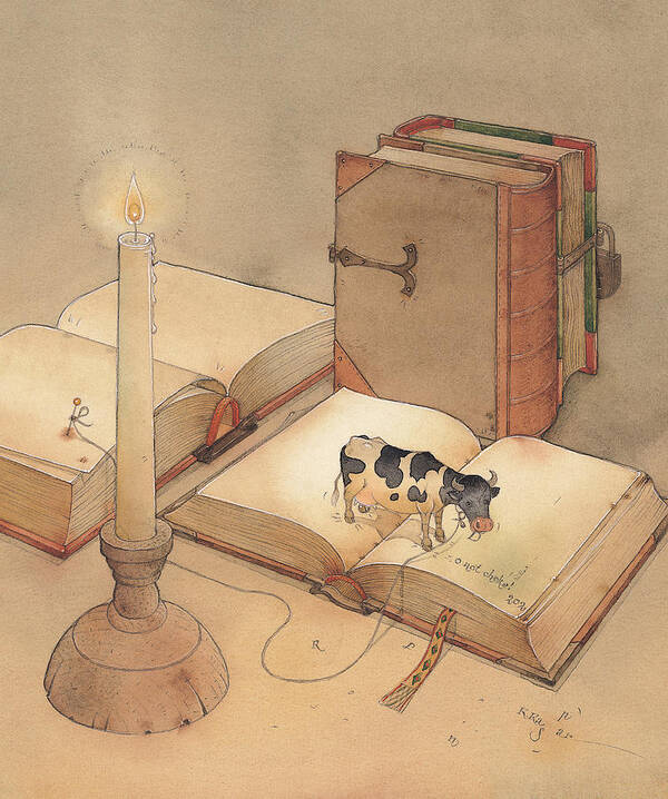 Science Books Cow Candle Reading Art Print featuring the painting Bookish Cow by Kestutis Kasparavicius