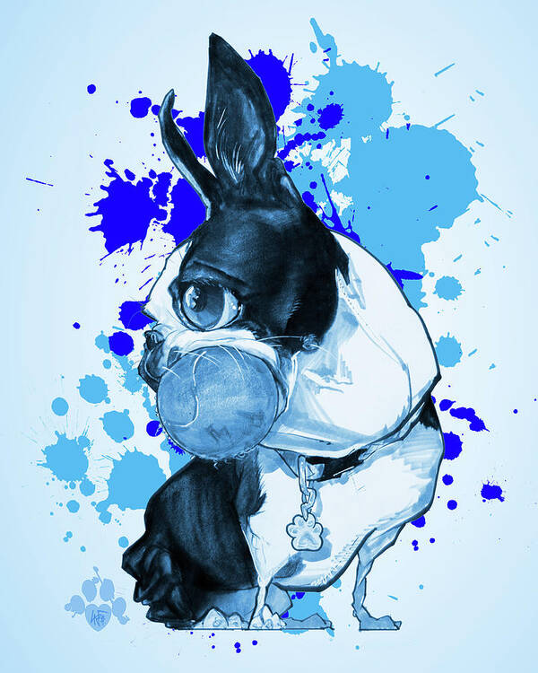 Boston Terrier Art Print featuring the drawing Boston Terrier - Blue Paint Splatter by John LaFree