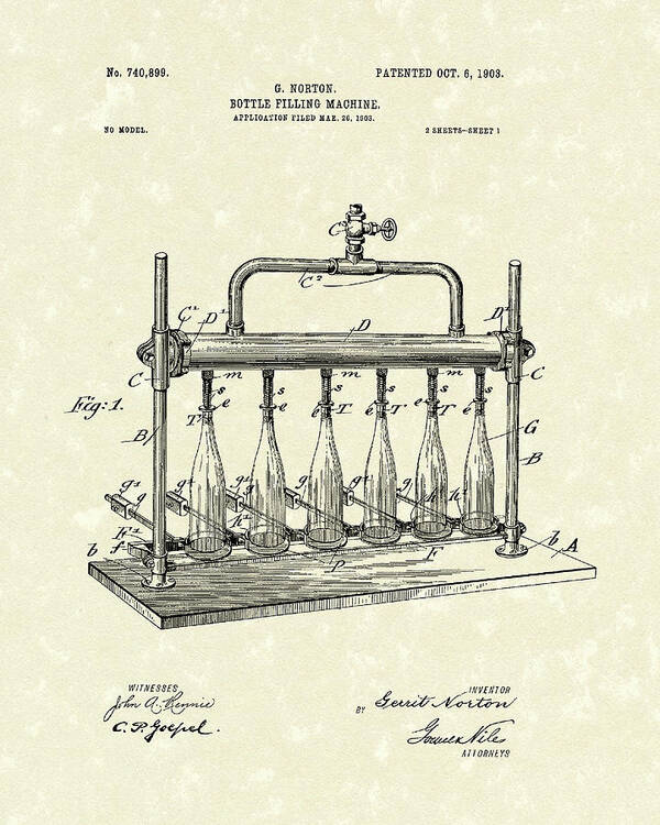 Norton Art Print featuring the drawing Bottle Filling Machine 1903 Patent Art by Prior Art Design