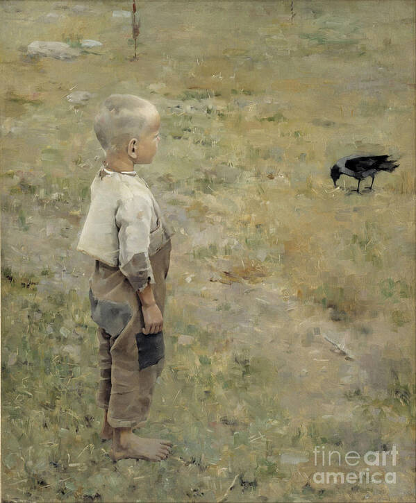 Akseli Gallen-kallela Art Print featuring the painting Boy and Crow by Celestial Images